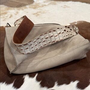 Two Bar West Chic Gray Shoulder Bag with Crocodile-Embossed Strap